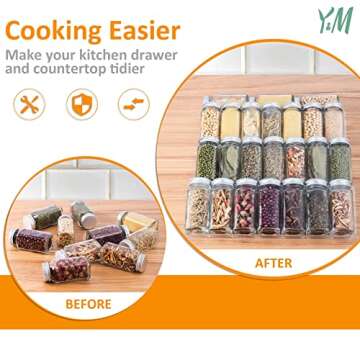 Y&M Expandable Spice Rack, Adjustable Acrylic Spice Drawer Organizer, 4 Tier Spice Jars Holder Insert for Kitchen Cabinets & Countertops, Seasoning Organizer Tray 13” to 26” - 2 Pack