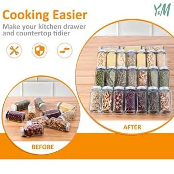 Y&M Expandable Spice Rack, Adjustable Acrylic Spice Drawer Organizer, 4 Tier Spice Jars Holder Insert for Kitchen Cabinets & Countertops, Seasoning Organizer Tray 13” to 26” - 2 Pack