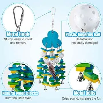 Parrot Toys for Large Birds, Parrots Chew Toy Gift with Colorful Wood Blocks and Bells for Macaws African Grey and Amazon Parrots (Blueberry Style)