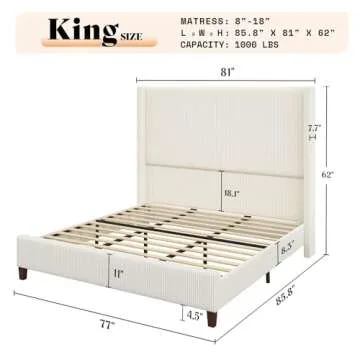 AMERLIFE King Size 62" Corduroy Upholstered Bed Frame, Luxurious Platform Bed with Extra Tall Wingba...