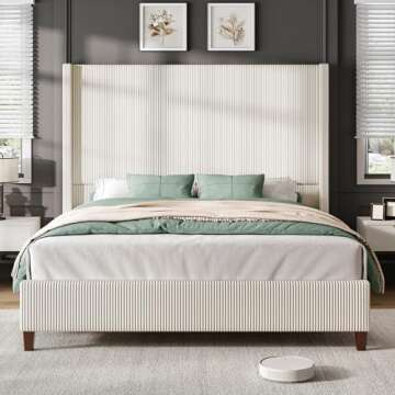 AMERLIFE King Size 62" Corduroy Upholstered Bed Frame, Luxurious Platform Bed with Extra Tall Wingback Headboard and Vertical Stripe, No Box Spring Needed/Solid Wood Slats & Legs/Cream