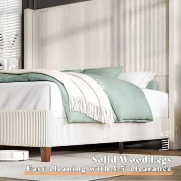 AMERLIFE King Size 62" Corduroy Upholstered Bed Frame, Luxurious Platform Bed with Extra Tall Wingback Headboard and Vertical Stripe, No Box Spring Needed/Solid Wood Slats & Legs/Cream