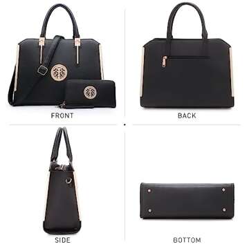 Dasein Women Large Handbag Purse Vegan Leather Satchel Work Bag Shoulder Tote with Matching Wallet (Black)