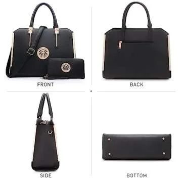 Dasein Women Large Handbag Purse Vegan Leather Satchel Work Bag Shoulder Tote with Matching Wallet (Black)