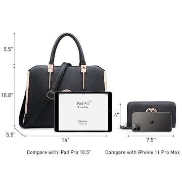 Dasein Women Large Handbag Purse Vegan Leather Satchel Work Bag Shoulder Tote with Matching Wallet (Black)