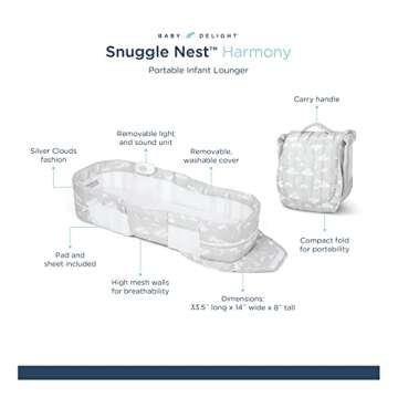 Baby Delight Snuggle Nest Harmony Portable Infant Lounger | Silver Clouds | Unique Patented Design | Baby Lounger , X-Large (Pack of 1)