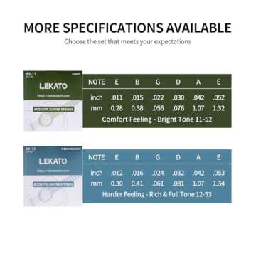 LEKATO Acoustic Guitar Strings Phosphor Bronze Coated Acoustic Guitar Strings with Ball End 5 Set of 6 Hex Steel String(12-53)