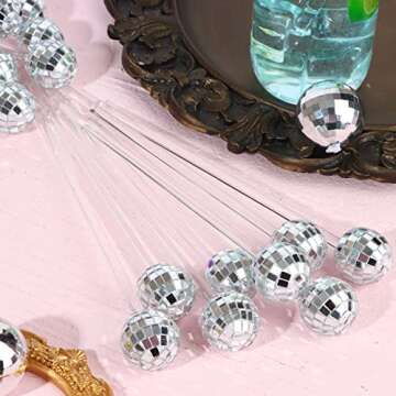 16pcs Disco Ball Stirrers Cocktail Beverage Coffee Cocktail Stirrer Round Plastic Mirror Ball Stirrer for Home Kitchen Drink Shop Bar Party (Silver)