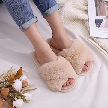 Evshine Women's Fuzzy Slippers Cross Band Memory Foam House Slippers Open Toe, Camel, 38-39 (Size 7-8)