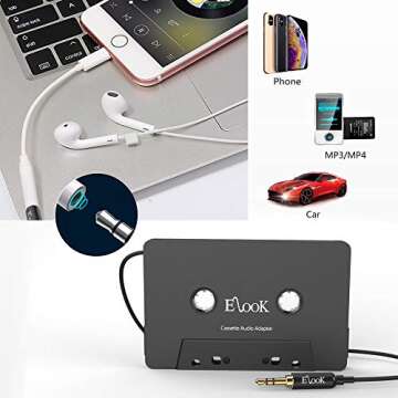 Elook Car Cassette Aux Adapter Kit, with A Smartphone to 3.5 mm Headphone Jack Adapter for Phone, MP3 ect. Black