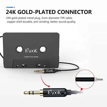 Elook Car Cassette Aux Adapter Kit, with A Smartphone to 3.5 mm Headphone Jack Adapter for Phone, MP3 ect. Black