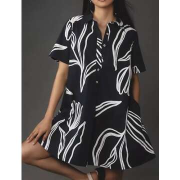 Dsewpaur Short Sleeve Swing Tunic Mini Dress for Women Button Up Shirt Blouse Short Dress Summer Cas...