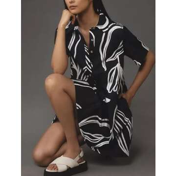 Dsewpaur Short Sleeve Swing Tunic Mini Dress for Women Button Up Shirt Blouse Short Dress Summer Casual Flowy A Line Dress