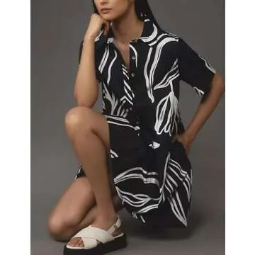 Dsewpaur Short Sleeve Swing Tunic Mini Dress for Women Button Up Shirt Blouse Short Dress Summer Casual Flowy A Line Dress