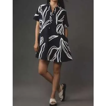 Dsewpaur Short Sleeve Swing Tunic Mini Dress for Women Button Up Shirt Blouse Short Dress Summer Casual Flowy A Line Dress