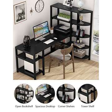 Tribesigns Modern Computer Desk with 5 Tier Storage Shelves, 67 inch Large Office Desk Study Writing Table Workstation with Corner Bookshelf and Tower Shelf for Home Office, Black