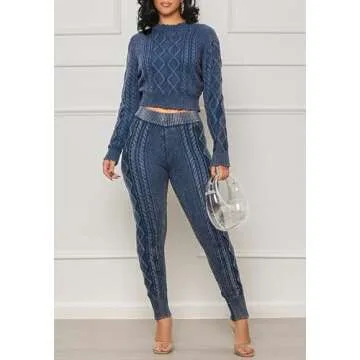 Voghtic Women's Winter 2 Piece Sweater Sets Cable Knit Long Sleeve Crop Tops Bodycon Pants Matching Lounge Outfits