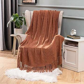MIULEE Knitted Boho Throw Blanket for Couch Textured Knit Terracotta Rust Blanket with Tassels Cozy ...