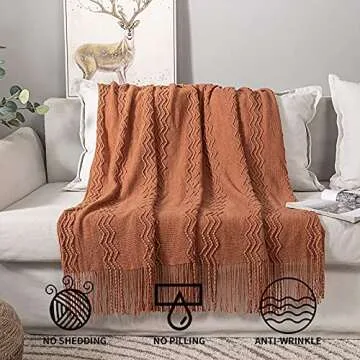 MIULEE Knitted Boho Throw Blanket for Couch Textured Knit Terracotta Rust Blanket with Tassels Cozy Woven Farmhouse Blanket for Sofa Bed Chair Wave Pattern Fall Decor 50"x60", Orange