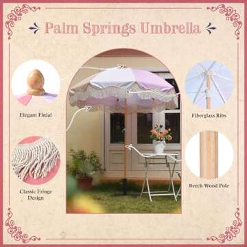 LAGarden 6Ft Fringe Patio Umbrella with Tassels & Carry Bag 50 / 60s Vintage Style Umbrella Wood Pink,Model: PS6-12