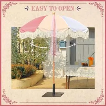 LAGarden 6Ft Fringe Patio Umbrella with Tassels & Carry Bag 50 / 60s Vintage Style Umbrella Wood Pink,Model: PS6-12