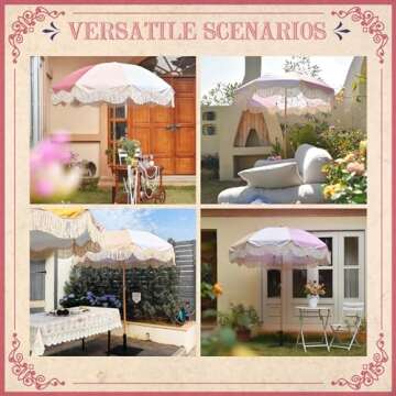 LAGarden 6Ft Fringe Patio Umbrella with Tassels & Carry Bag 50 / 60s Vintage Style Umbrella Wood Pink,Model: PS6-12