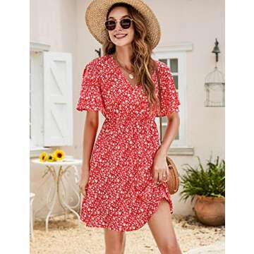SimpleFun Women's Summer Wrap V Neck Dress Ruffle Short Sleeve Mini Floral Dresses Red, S