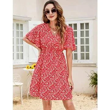 SimpleFun Women's Summer Wrap V Neck Dress Ruffle Short Sleeve Mini Floral Dresses Red, S