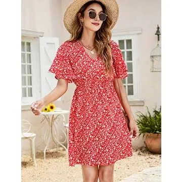 SimpleFun Women's Summer Wrap V Neck Dress Ruffle Short Sleeve Mini Floral Dresses Red, S