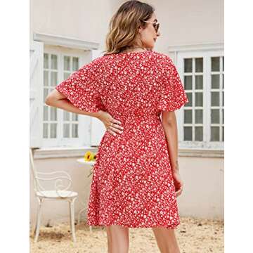 SimpleFun Women's Summer Wrap V Neck Dress Ruffle Short Sleeve Mini Floral Dresses Red, S