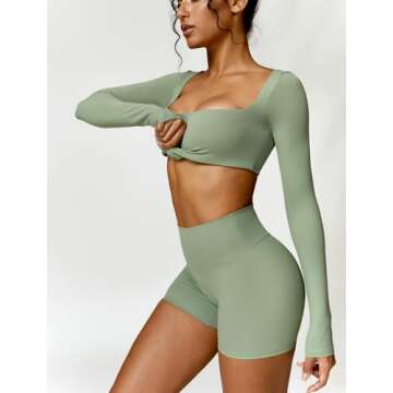 ABOCIW Workout Sets for Women 2 Piece Gym Yoga Outfits Square Neck Long Sleeve Crop Tops High Waist Biker Shorts Green Small