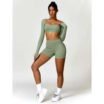 ABOCIW Workout Sets for Women 2 Piece Gym Yoga Outfits Square Neck Long Sleeve Crop Tops High Waist Biker Shorts Green Small