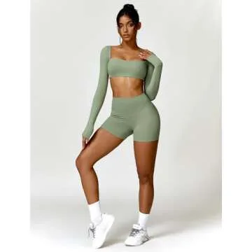 ABOCIW Workout Sets for Women 2 Piece Gym Yoga Outfits Square Neck Long Sleeve Crop Tops High Waist Biker Shorts Green Small