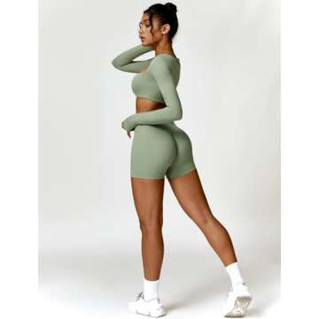ABOCIW Workout Sets for Women 2 Piece Gym Yoga Outfits Square Neck Long Sleeve Crop Tops High Waist Biker Shorts Green Small