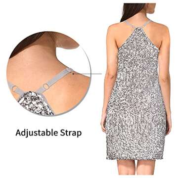 MANER Women's Glitter Sequin Dress Adjustable Spaghetti Strap Sparkle Party Dresses (Silver Grey, Small)