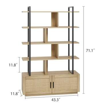 GAOMON 5 Tier Rattan Bookshelf with Storage Cabinet & Door, 71.1 Inch Tall Industrial Book Shelf wit...