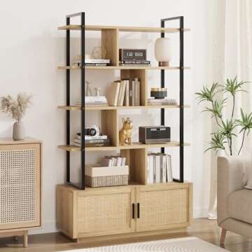GAOMON 5 Tier Rattan Bookshelf with Storage Cabinet & Door, 71.1 Inch Tall Industrial Book Shelf with Open Display Shelves, 5 Shelf Bookcase with Metal Frame for Living Room, Bedroom -Burlywood
