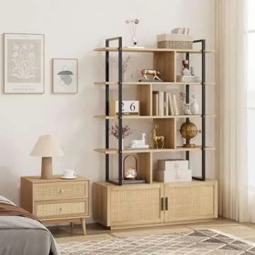 GAOMON 5 Tier Rattan Bookshelf with Storage Cabinet & Door, 71.1 Inch Tall Industrial Book Shelf with Open Display Shelves, 5 Shelf Bookcase with Metal Frame for Living Room, Bedroom -Burlywood