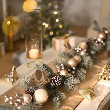 Valery Madelyn 9 feet Pre-Lit Christmas Garland with Lights for Mantle, Lighted Elegant Valentine’s Day Garland with White Gold Ball for Fireplace Table Centerpiece Holiday Party Wedding Decor