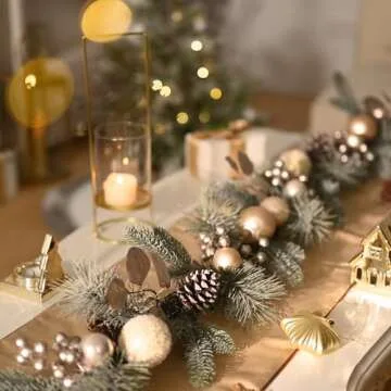 Valery Madelyn 9 feet Pre-Lit Christmas Garland with Lights for Mantle, Lighted Elegant Valentine’s Day Garland with White Gold Ball for Fireplace Table Centerpiece Holiday Party Wedding Decor