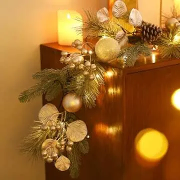 Valery Madelyn 9 feet Pre-Lit Christmas Garland with Lights for Mantle, Lighted Elegant Valentine’s Day Garland with White Gold Ball for Fireplace Table Centerpiece Holiday Party Wedding Decor