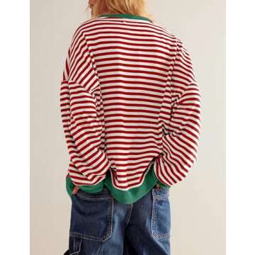 FACDIBY Women's Oversized Sweatshirt Striped Long Sleeve Tops Shirts Pullover Relaxed Fit Crewneck Sweatshirts, Red and White XS