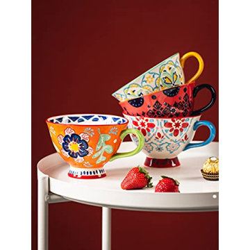 Hand-Painted Floral Coffee Mugs Set of 4 – Durable Porcelain