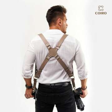 C Coiro Camera Harness for 2 Cameras – Dual Shoulder Leather Camera Strap – Double Camera Harness for DSLR/SLR, Camera Straps for Photographers of All Levels, Standard Straps/Color Beige