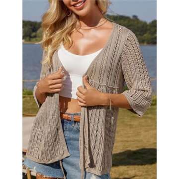 GRACE KARIN 3/4 Sleeve Cardigans for Women Lightweight Tie Front Hollow Out Crochet Cardigan Sweaters L Apricot