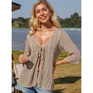 GRACE KARIN 3/4 Sleeve Cardigans for Women Lightweight Tie Front Hollow Out Crochet Cardigan Sweaters L Apricot