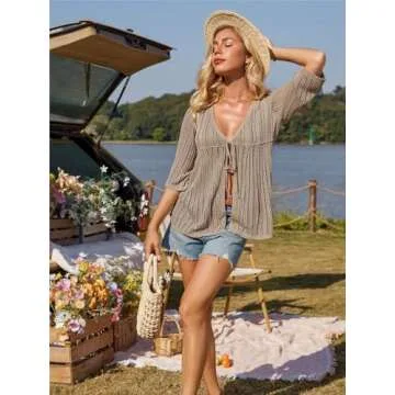 GRACE KARIN 3/4 Sleeve Cardigans for Women Lightweight Tie Front Hollow Out Crochet Cardigan Sweaters L Apricot