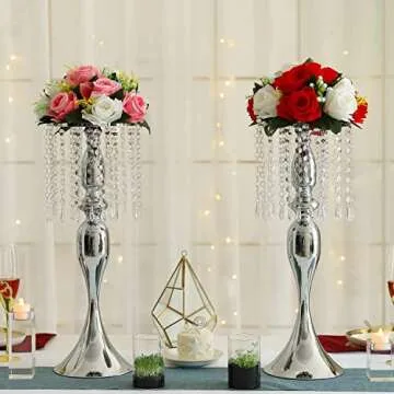 Set of 10 Metal Crystal Wedding Centerpiece Vases Silver Flower Arrangements Stand for Anniversary Dinner Party Home Decoration