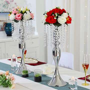 Set of 10 Metal Crystal Wedding Centerpiece Vases Silver Flower Arrangements Stand for Anniversary Dinner Party Home Decoration