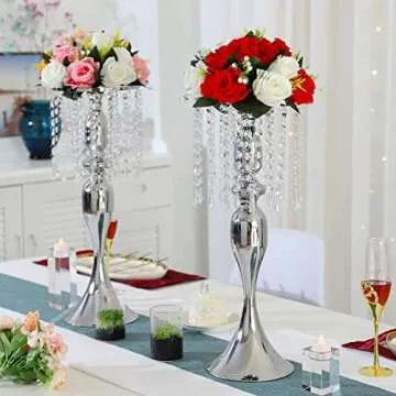 Set of 10 Metal Crystal Wedding Centerpiece Vases Silver Flower Arrangements Stand for Anniversary Dinner Party Home Decoration